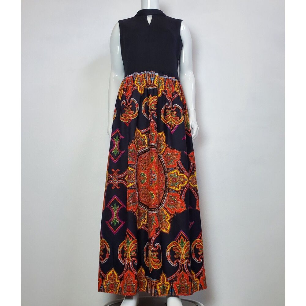 Vintage 60s Black Paisley Maxi Dress